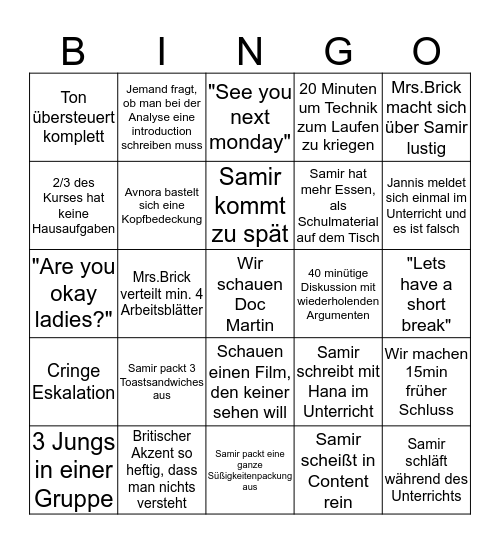 Englisch LK Bingo Card