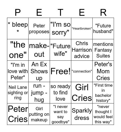 Most Dramatic Bachelor Finale Bingo Card