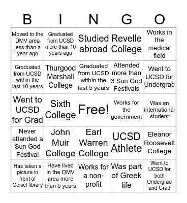 UCSD Happy Hour - DC Alumni Bingo Card