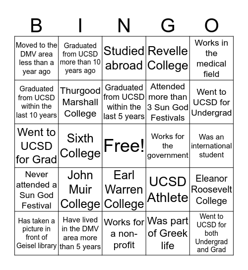 UCSD Happy Hour - DC Alumni Bingo Card
