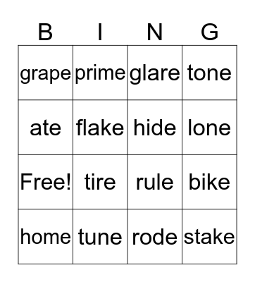 Silent E Bingo  6.1 Bingo Card