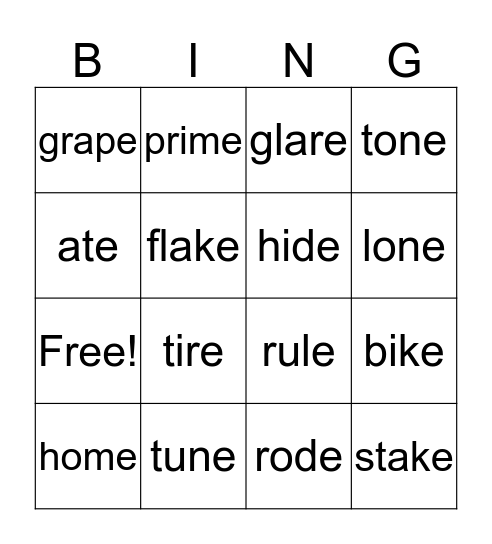 Silent E Bingo  6.1 Bingo Card