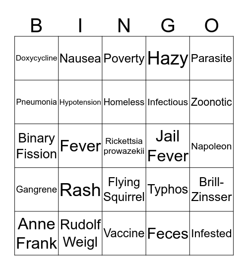 Typhus Bingo Card