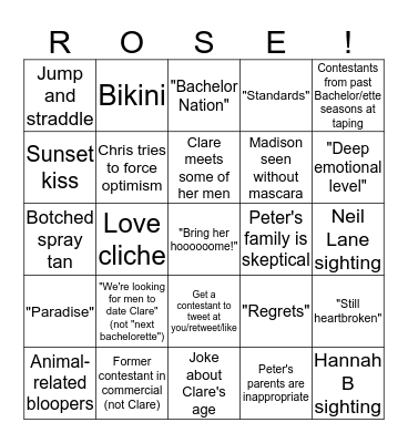 The Bachelor Finale Bingo Card