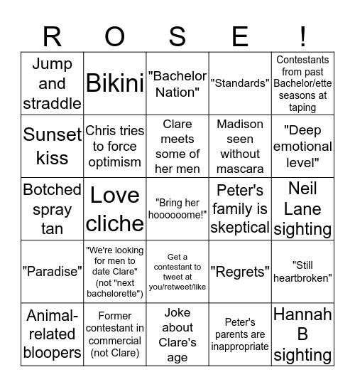 The Bachelor Finale Bingo Card