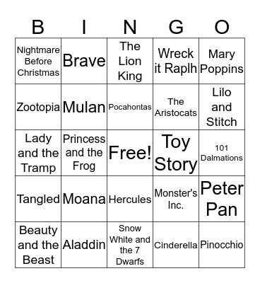 Disney Music Bingo Card