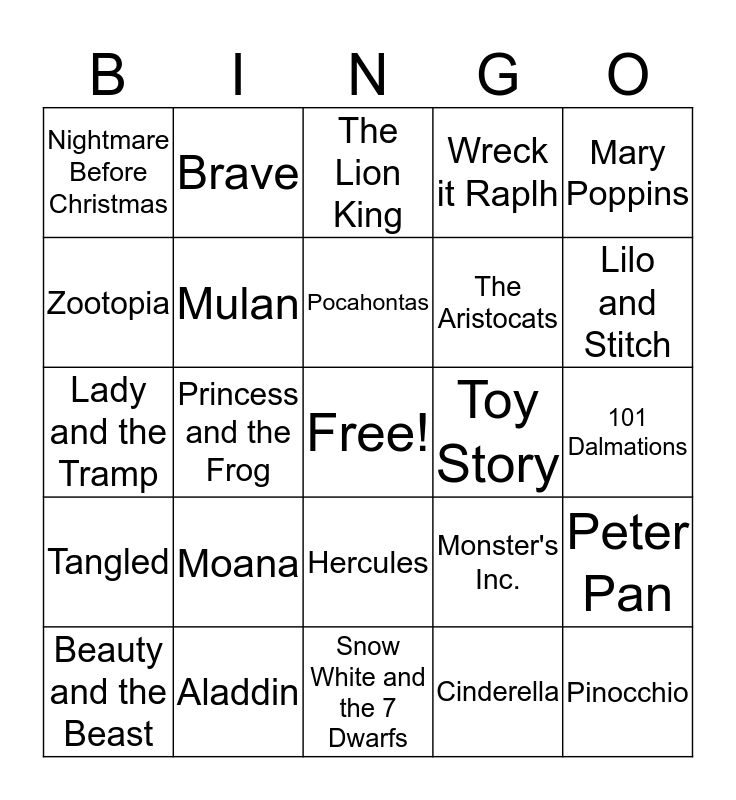 Disney Music Bingo Card