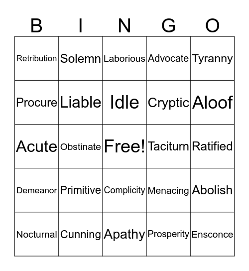 Animal Farm Vocabulary Bingo Card