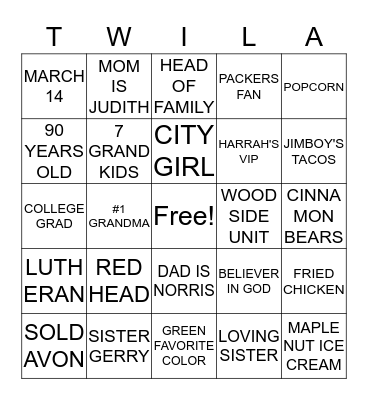 T W I L A .............B I N G O Bingo Card