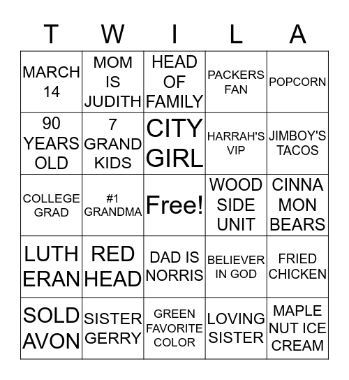 T W I L A .............B I N G O Bingo Card