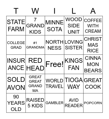 T W I L A ..........B I N G O Bingo Card