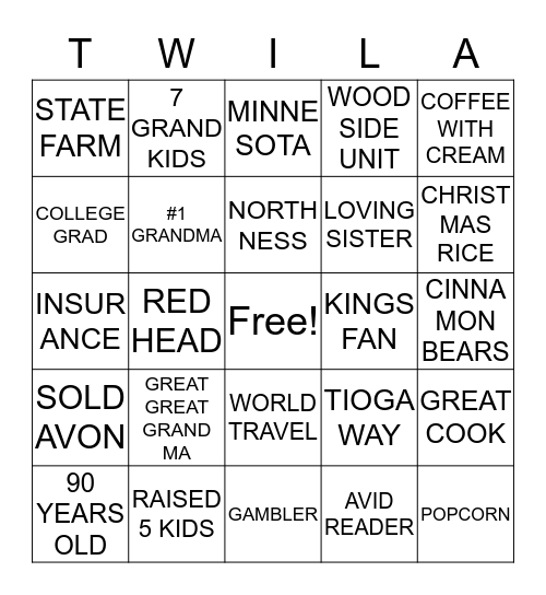 T W I L A ..........B I N G O Bingo Card