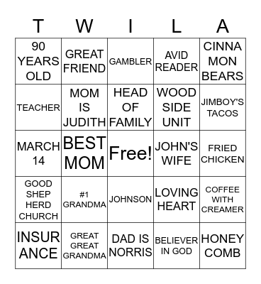 T W I L A .........B I N G O Bingo Card