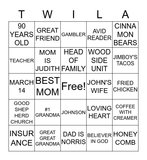 T W I L A .........B I N G O Bingo Card