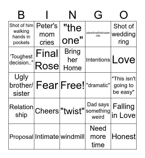 Bachelor Bingo Card
