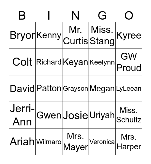 Grayson's Bingo Card