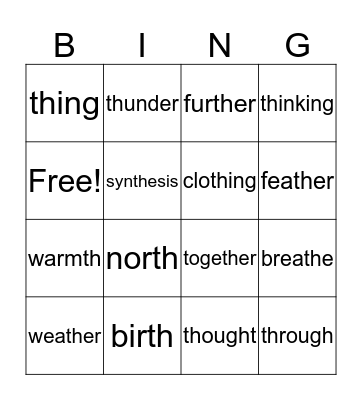 "TH" Words Bingo Card