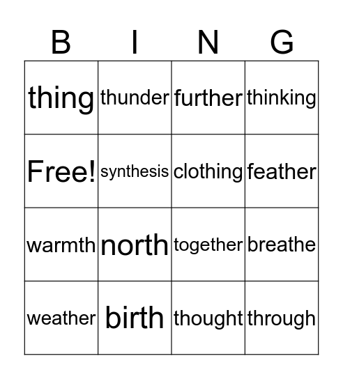 "TH" Words Bingo Card
