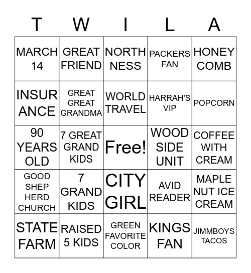 T W I L A ........B I N G O Bingo Card