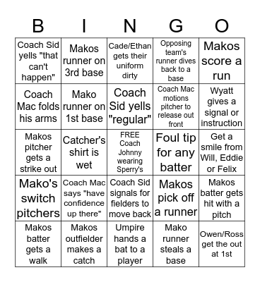MAKOS BASEBALL GAME BINGO Card