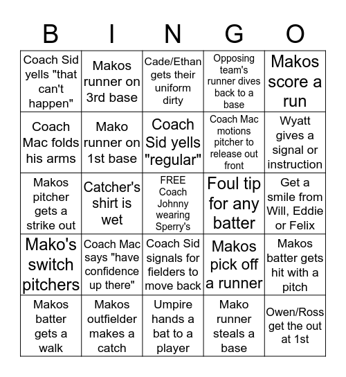 MAKOS BASEBALL GAME BINGO Card