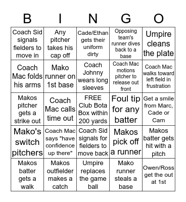 MAKOS BASEBALL GAME BINGO Card