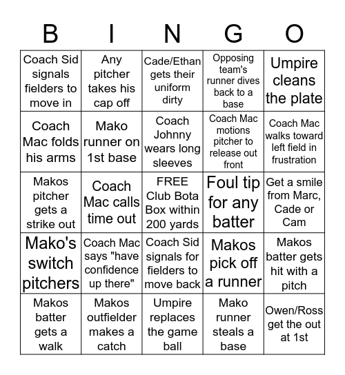 MAKOS BASEBALL GAME BINGO Card