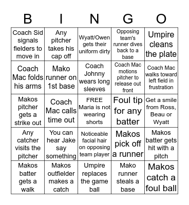 MAKOS BASEBALL GAME BINGO Card