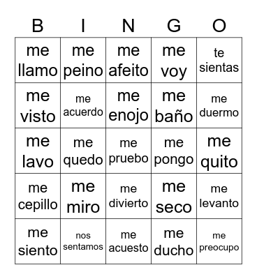 Reflexive Verbs Bingo Card