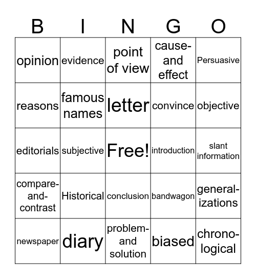 Historical and Persuasive Bingo Card