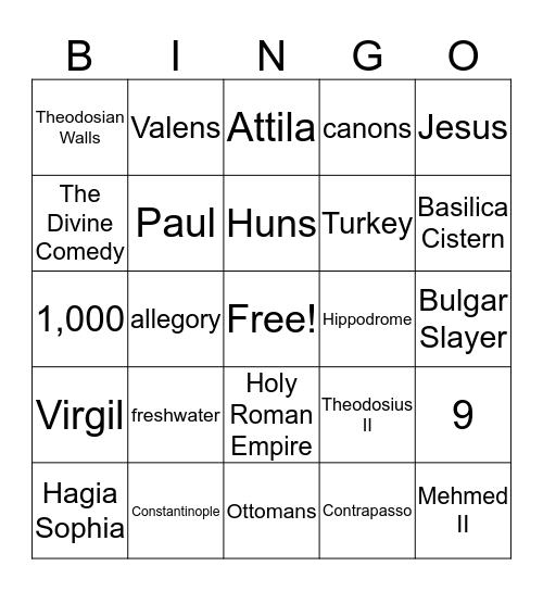 Byzantine Bingo Card