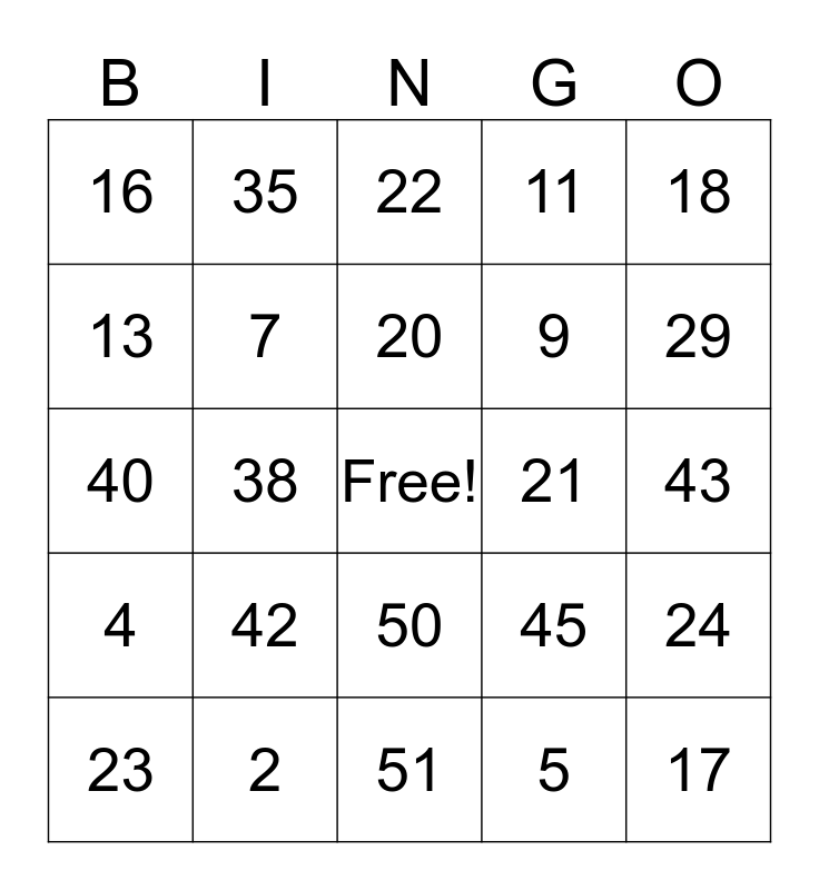 Numbers 1-60 Bingo Card