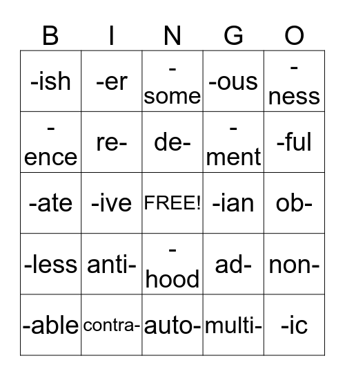 Prefix/Suffix Bingo Card