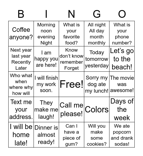 Sentences to sign Bingo Card