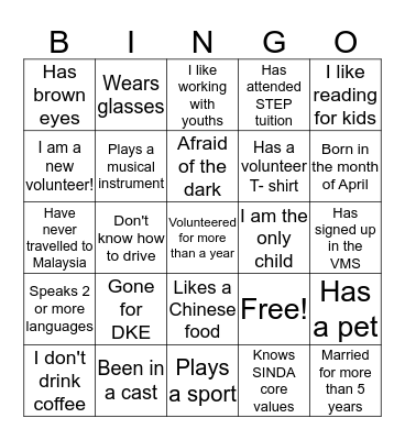 SINDA Volunteer Bingo Card