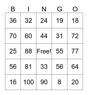 Multiplication Bingo Card