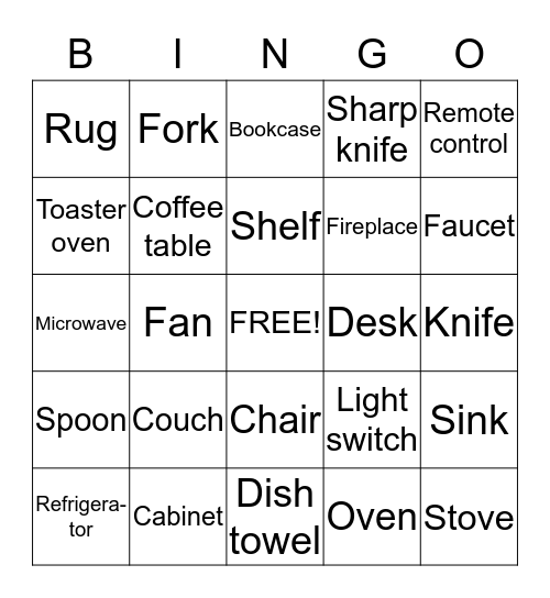 Family Room & Kitchen Items Bingo Card