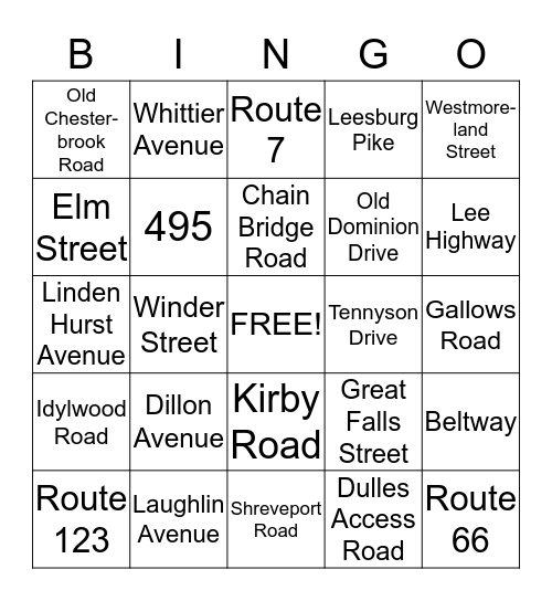 Street Names Bingo Card