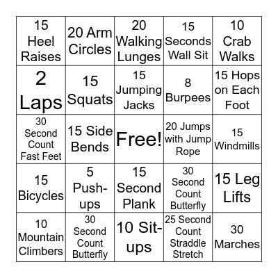 Fitness Bingo  Bingo Card