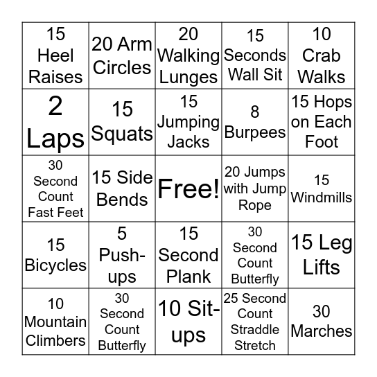 Fitness Bingo  Bingo Card