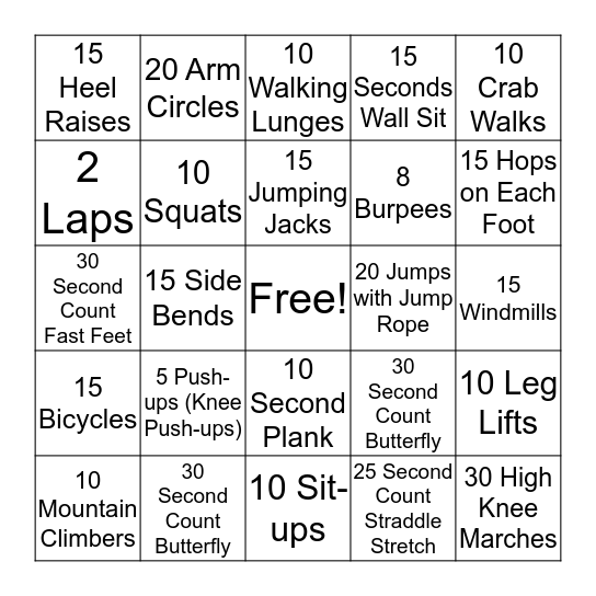 Fitness Bingo  Bingo Card