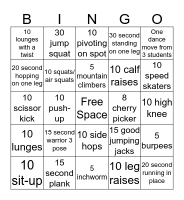 Health and Fitness Bingo Card