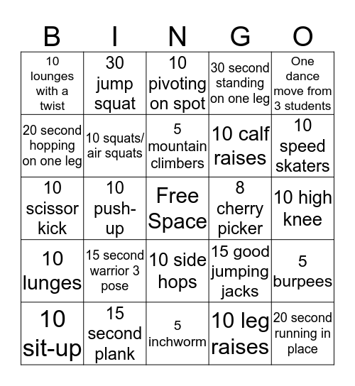 Health and Fitness Bingo Card