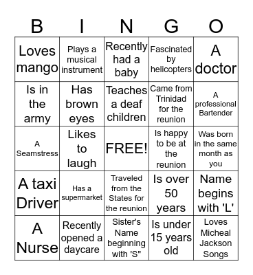 Davidson and Johnson Family Reuinion Bingo Card