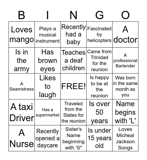 Davidson and Johnson Family Reuinion Bingo Card