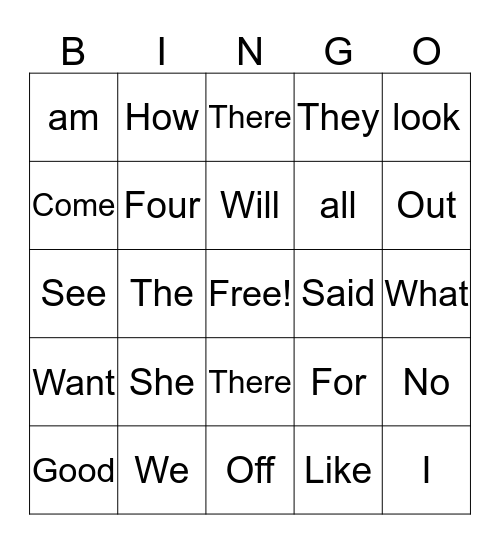 Sight Words Bingo Card
