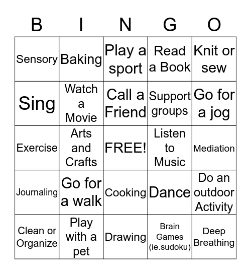 Coping Skills Bingo  Bingo Card