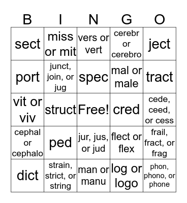 Greek and Latin Root Bingo Card