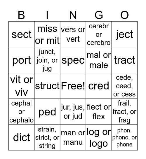 Greek and Latin Root Bingo Card
