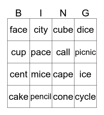 "C" words Bingo Card